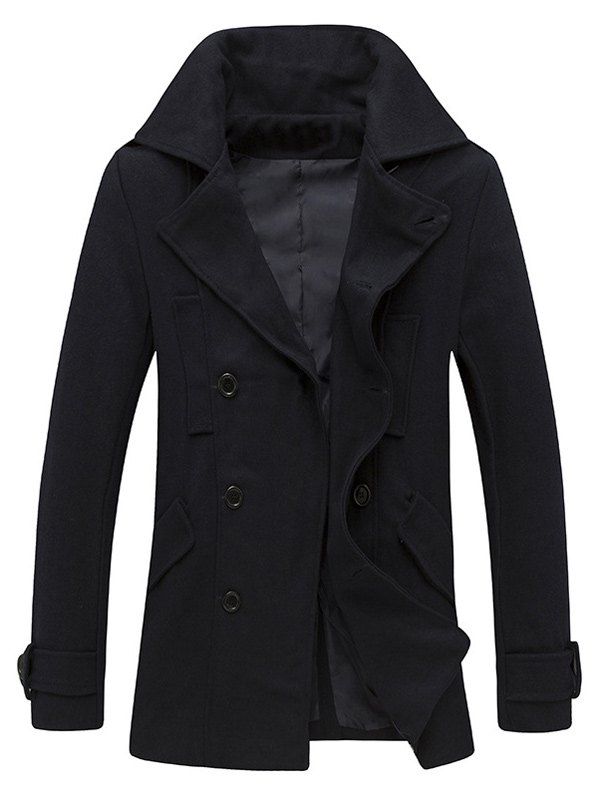 

Epaulet Design Pocket Button Tab Cuff Pea Coat, Cadetblue