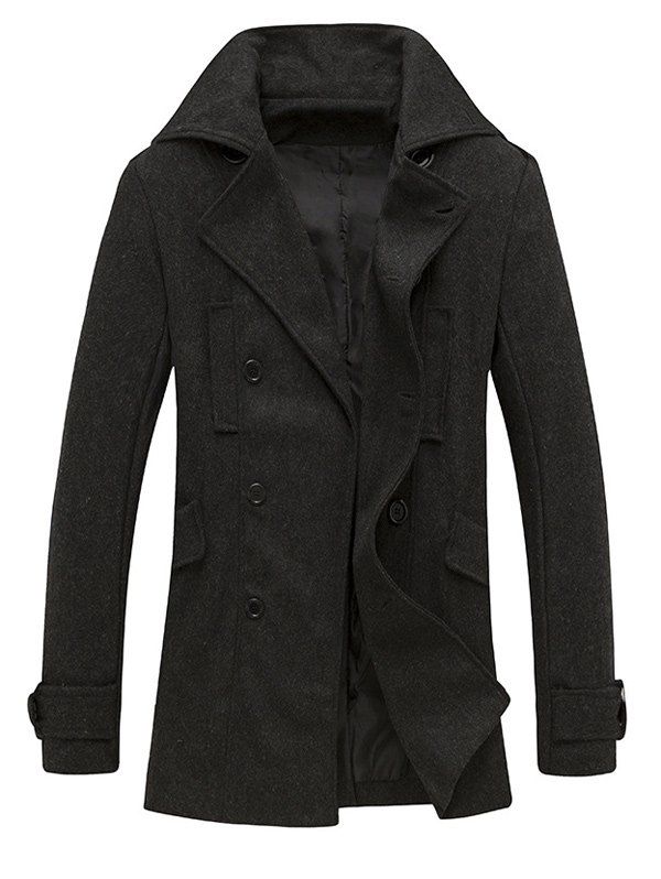 

Epaulet Design Pocket Button Tab Cuff Pea Coat, Deep gray