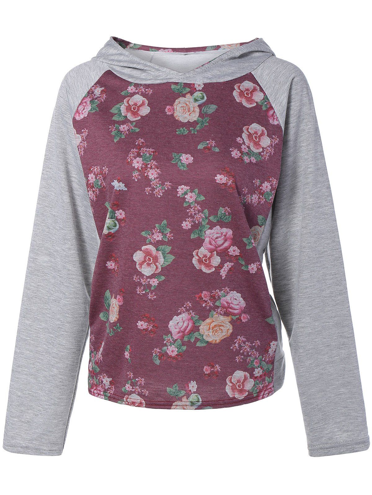 

Active Floral Print Patch Design Hoodie, Dark red