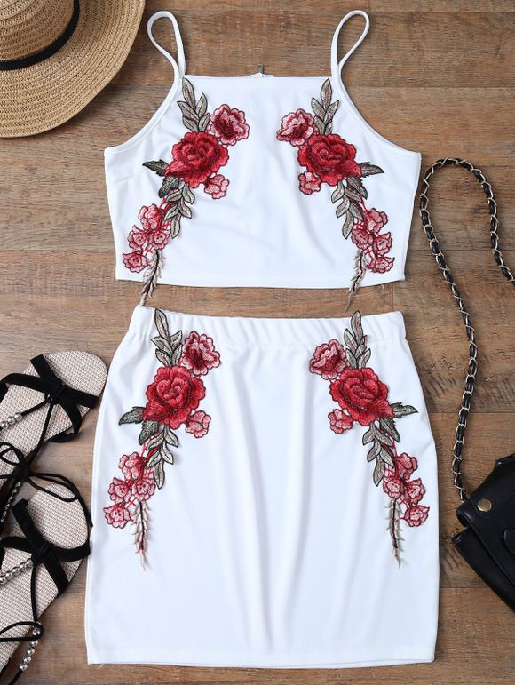 Ensemble haut court zippé à dos avec broderie florale et jupe - Blanc XL