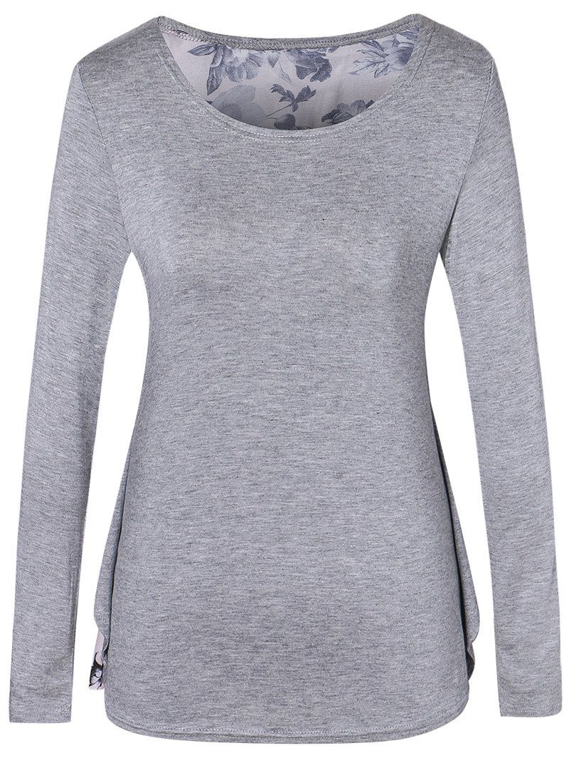 

Floral Print Chiffon Insert T-Shirt, Gray