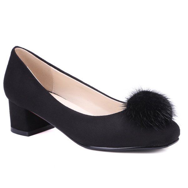 

Suede Pompon Square Toe Pumps, Black