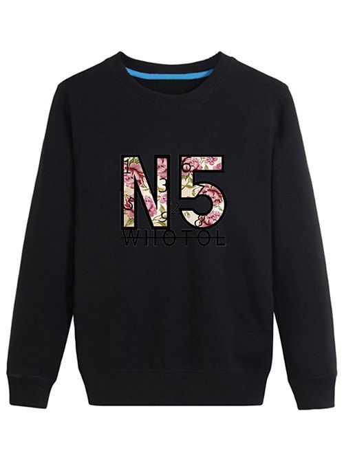 

Floral Printed Long Sleeve Sweatshirt, Black