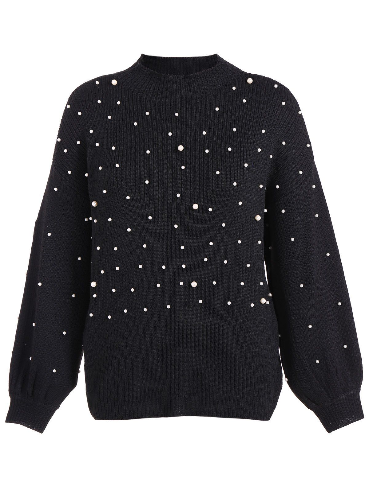 

Lantern Sleeve Beading Loose Sweater, Black