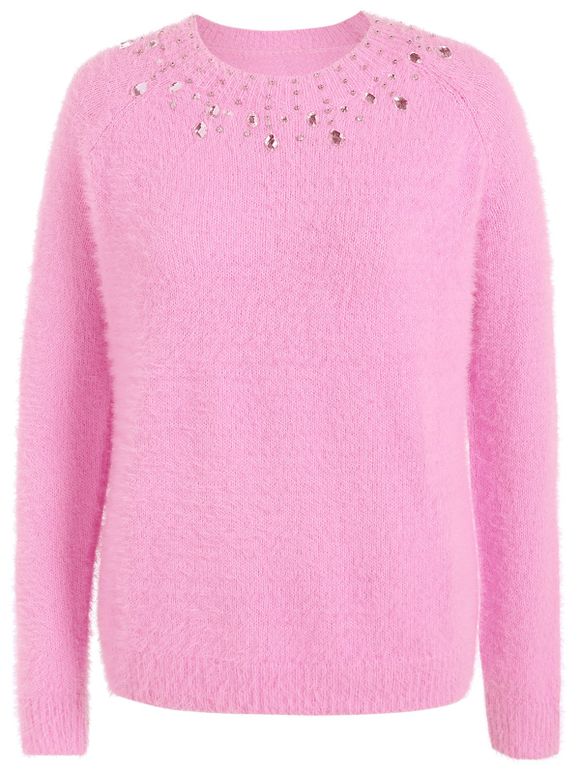 Sweater Manches Raglan Perlé Pelucheux - Rose clair XL