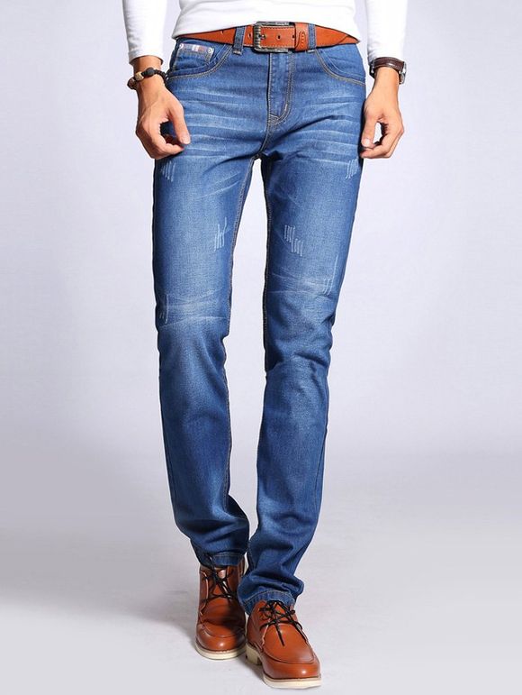 Jeans à fermeture éclair à jambe droite avec lisière - Bleu 28