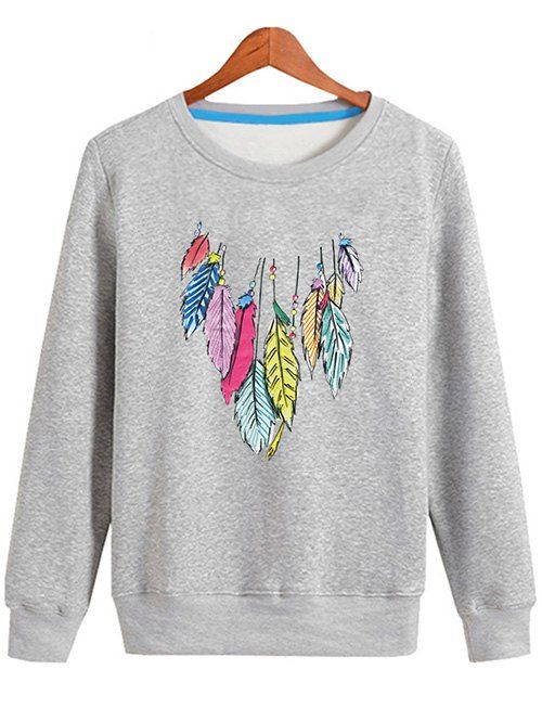 

Crew Neck Feather Printing Sweatshirt, Gray