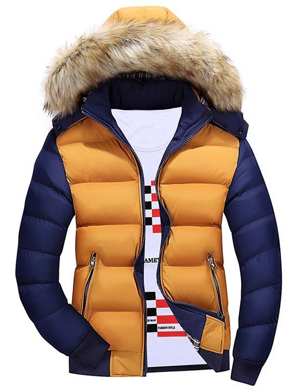 

Zipper Color Block Quilted Jacket with Fur Trim Hood, Yellow