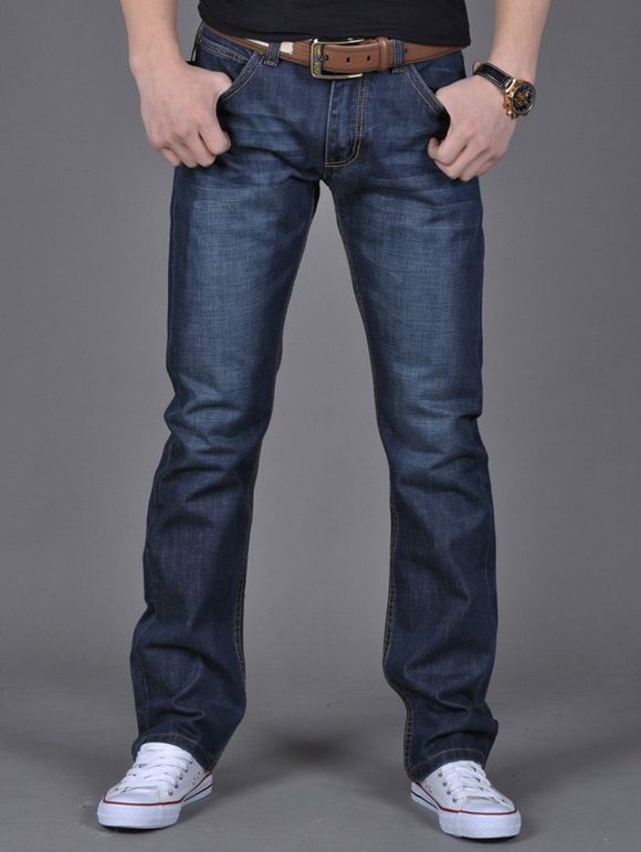 Jean droit à entrejambe zippé avec poches plaquées - Bleu Toile de Jean 36