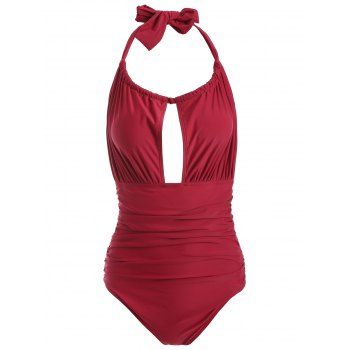 [17% OFF] 2021 Halter Ruched Backless Swimwear In RED | DressLily