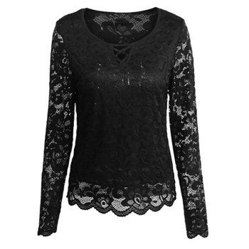 [41% OFF] 2024 Cutout Long Sleeve Lace Blouse In BLACK | DressLily