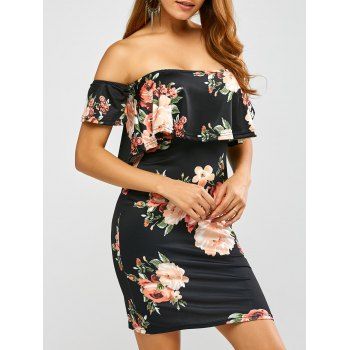 [41% OFF] 2023 Floral Printed Off The Shoulder Fitted Dress In BLACK ...