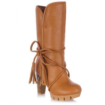 

Tassel Fold Down Chunky Heel Mid Calf Bootss, Brown