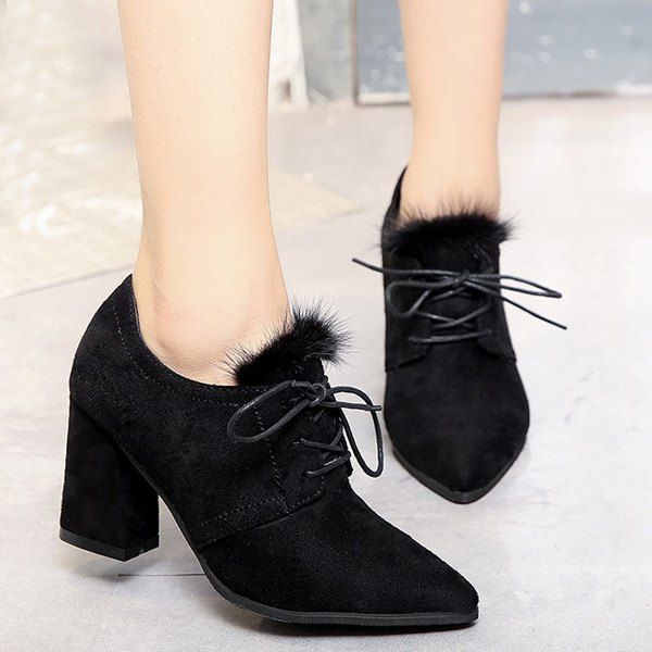 

Faux Fur Tie Up Pumps, Black