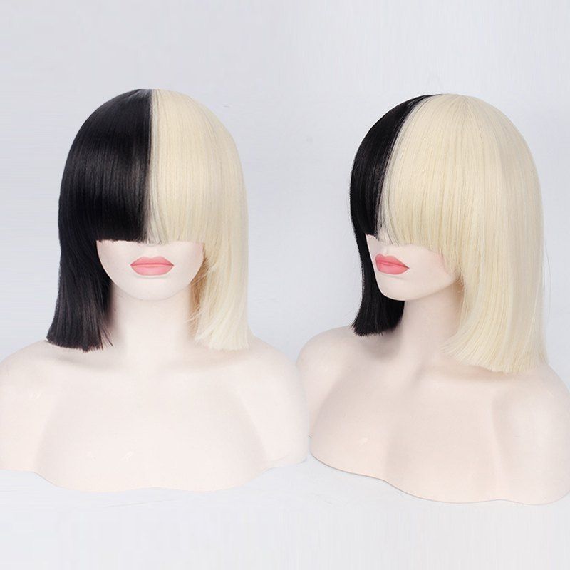 

Short Full Bang Double Color Straight Sia Cosplay Synthetic Wig, Yellow and black