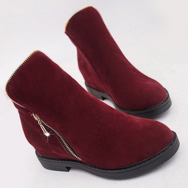 Round Toe Flat Heel Zipper Ankle Boots - WINE RED 37