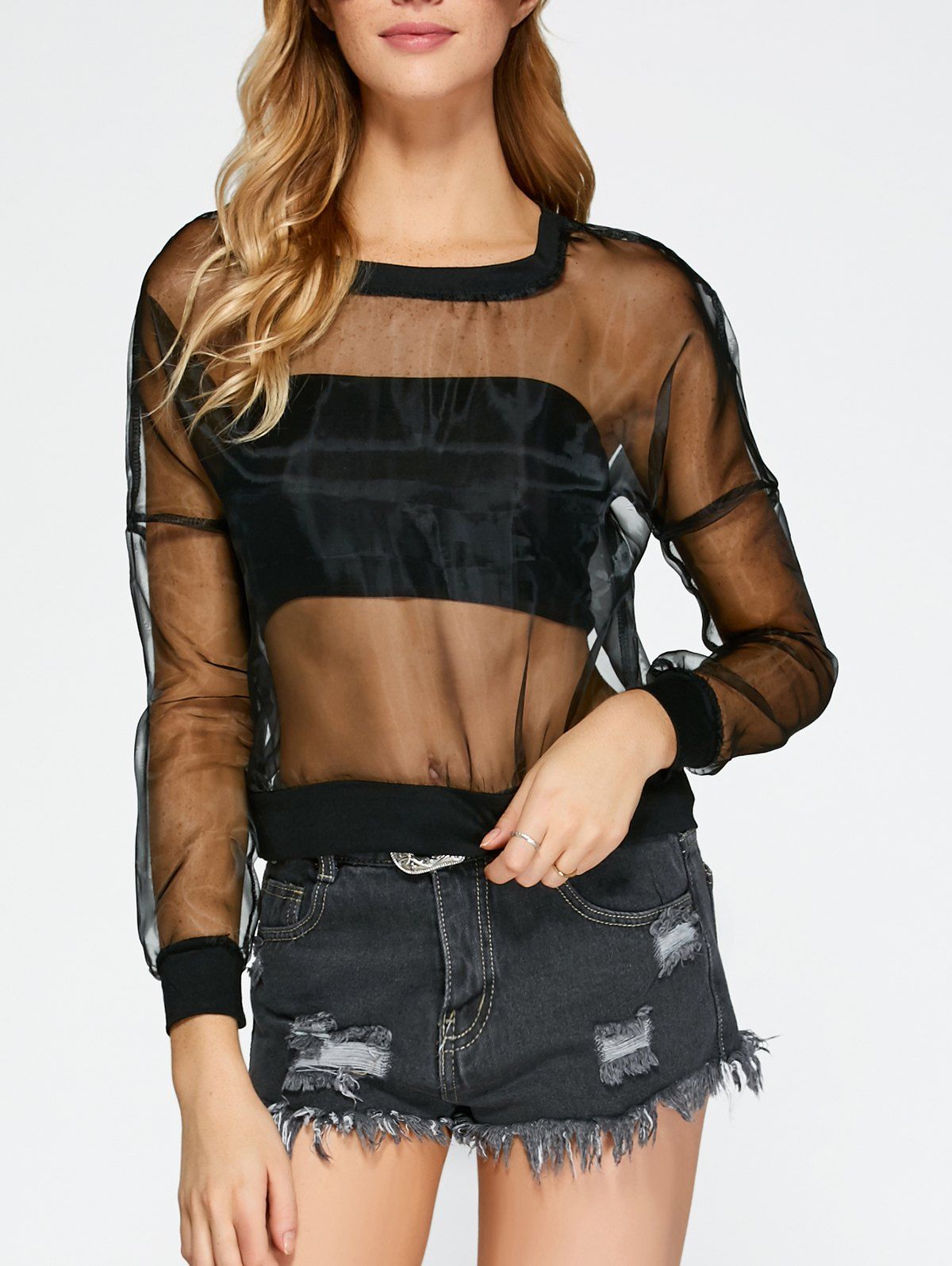 

Long Sleeve See-Through Mesh Blouse, Black