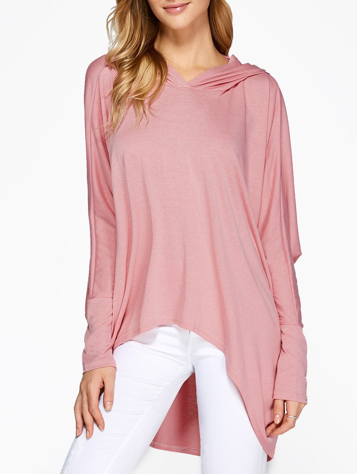 

Hooded Batwing Sleeve High Low T-Shirt, Pink