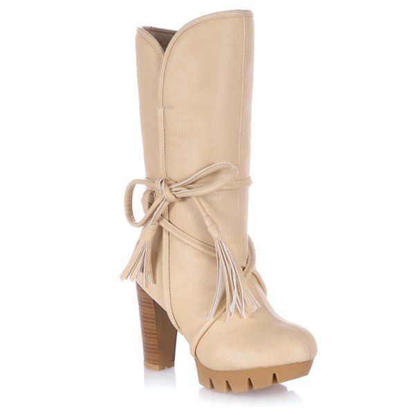 

Tassel Fold Down Chunky Heel Mid Calf Bootss, Beige