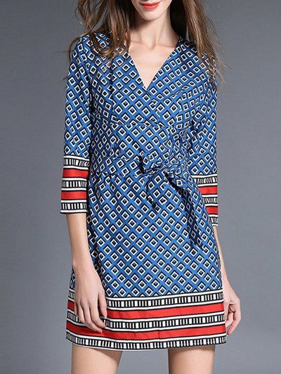 

Bow Tie Plaid and Stripe Pattern Mini Dress, Blue