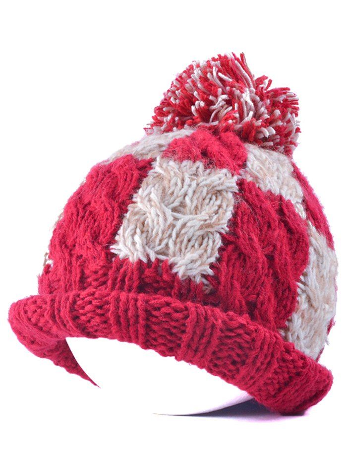 

Flanging Check Pattern Ball Top Beanie, Red