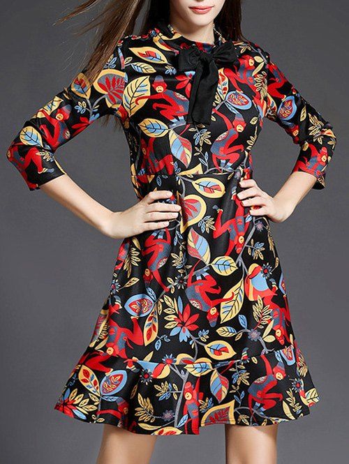 Ruffle Floral Print Dress - Noir M