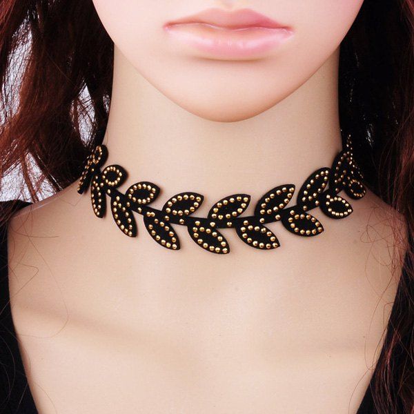 

Velvet Rhinestone Leaves Choker, Black