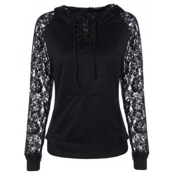 

Lace Insert Pocket Design Hoodie, Black