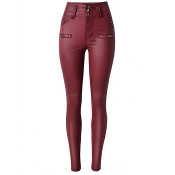[41% OFF] 2020 Faux Leather Rise Waist Skinny Pants In WINE RED | DressLily