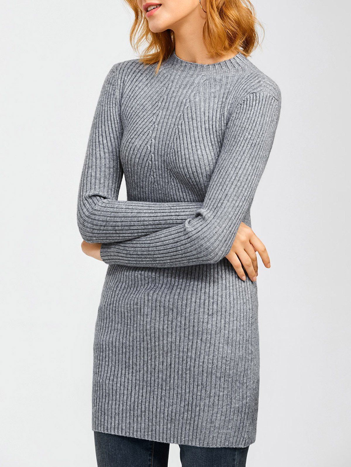 

High Neck Long Sleeve Ribbed Jumper Dress, Gray