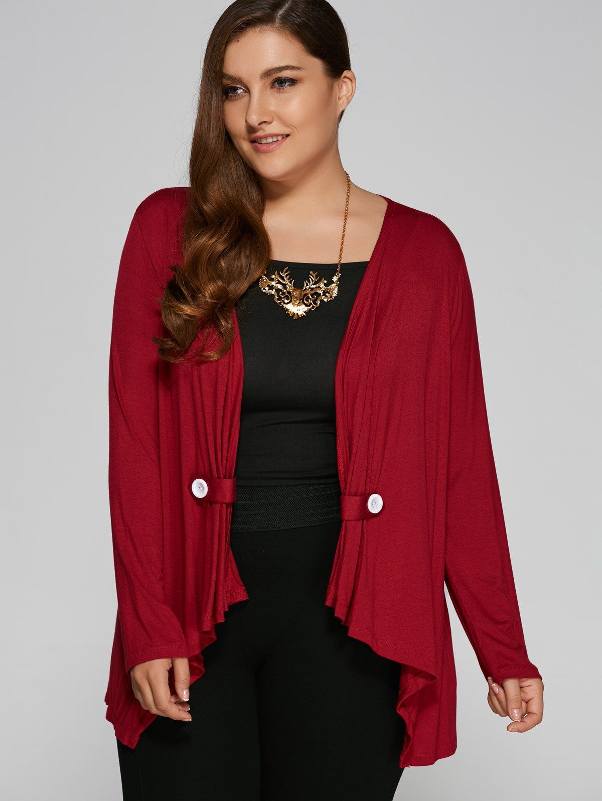 

Plus Size Button Embellished Asymmetrical Cardigan, Burgundy