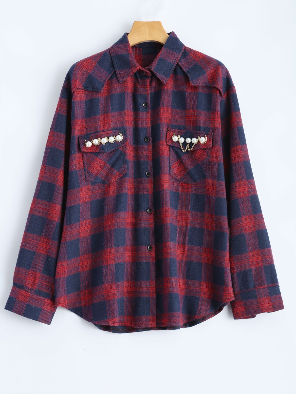

Checked Pearls Fitting Shirt, Red