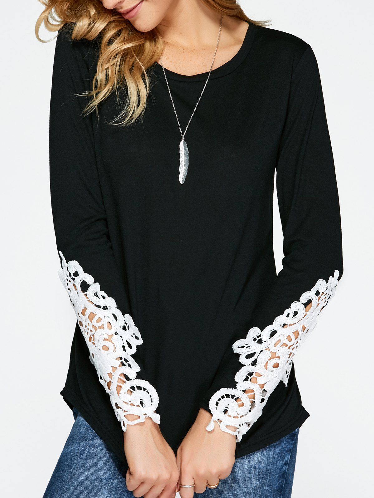

Lace Insert Long Sleeve T-Shirt, Black