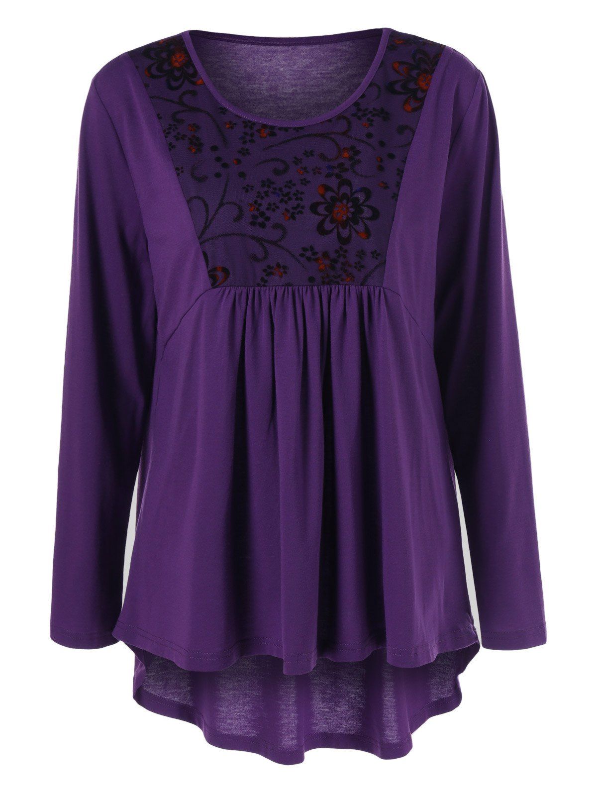 

Plus Size Floral Trim High Low T-Shirt, Purple