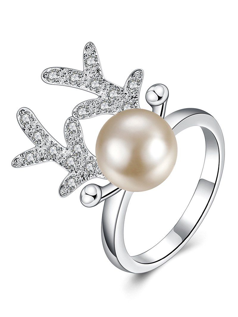 

Rhinestone Artificial Pearl Christmas Elk Ring, Silver