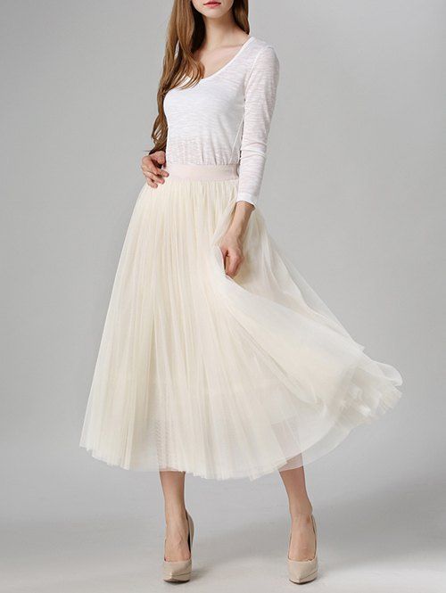 2018 Tulle High Waist Midi Skirt OFF WHITE ONE SIZE In Skirts Online ...