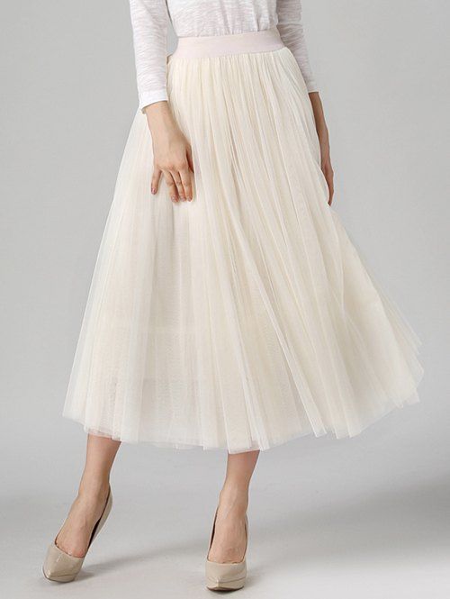 [17% OFF] 2021 Tulle High Waist Midi Skirt In OFF WHITE | DressLily