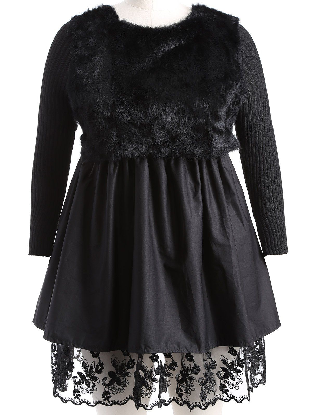 

Plus Size Lace Splicing Faux Fur Knitted Dress, Black