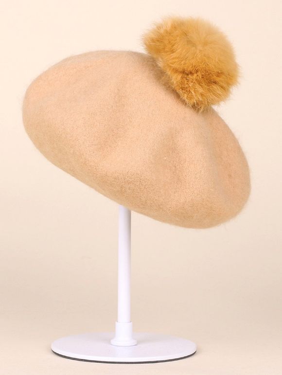 Chapeau béret avec boule floue en laine molle - Kaki 