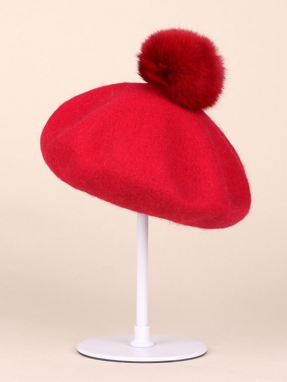 Soft Wool Fuzzy Ball Beanie Beret Hat - RED 