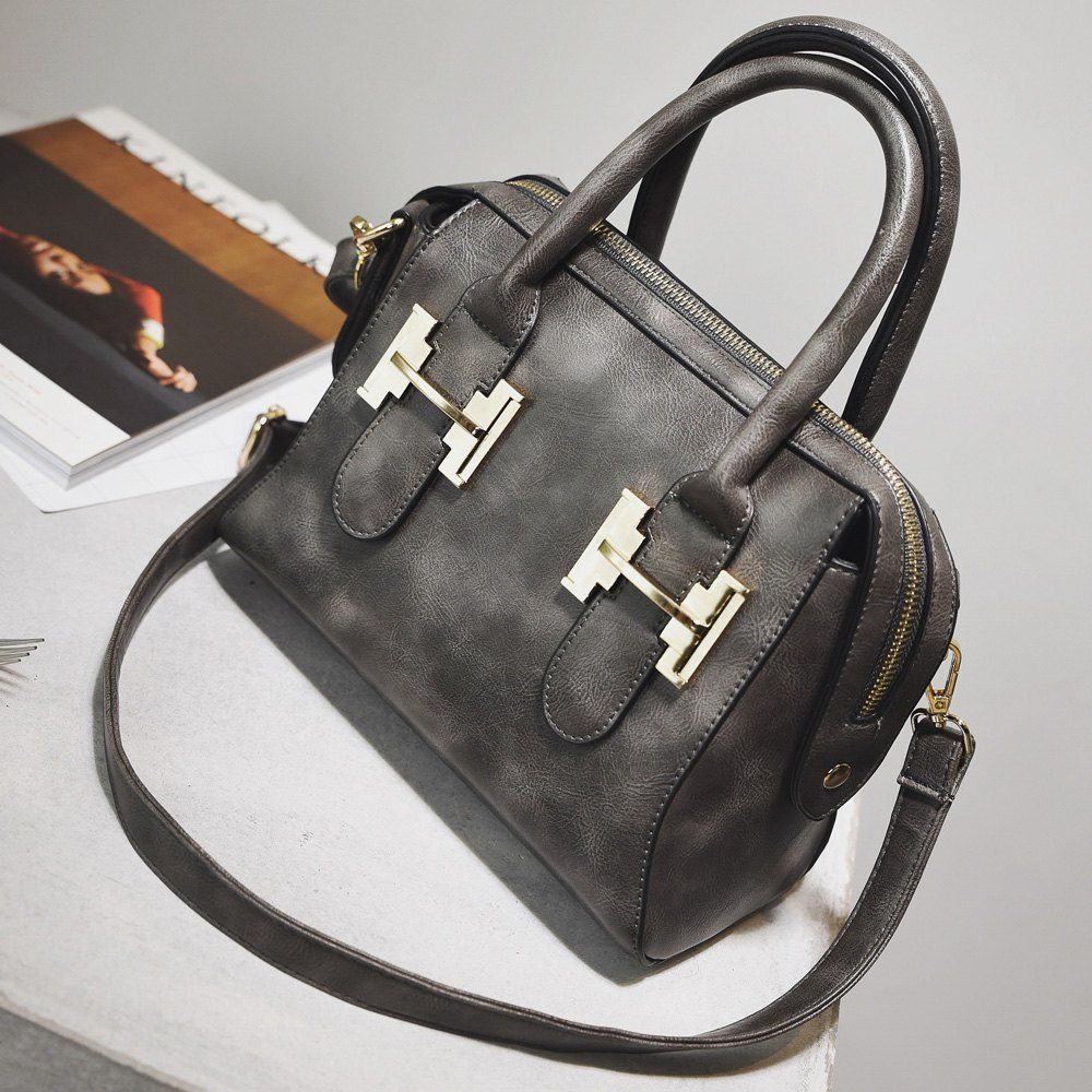 

Faux Leather Metal Handbag, Gray