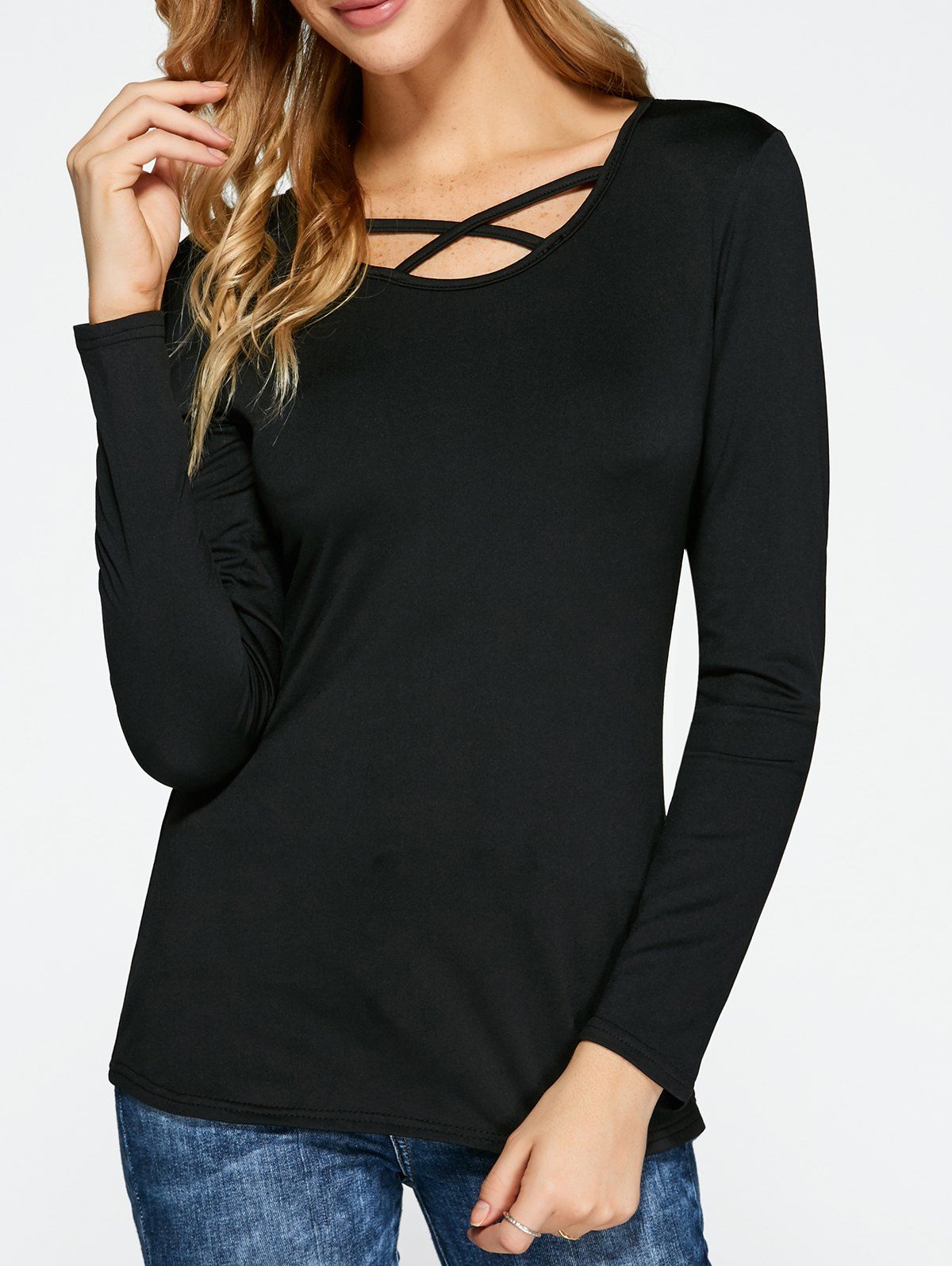 [27% OFF] 2021 Slimming Long Sleeve Criss Cross T-Shirt In BLACK ...