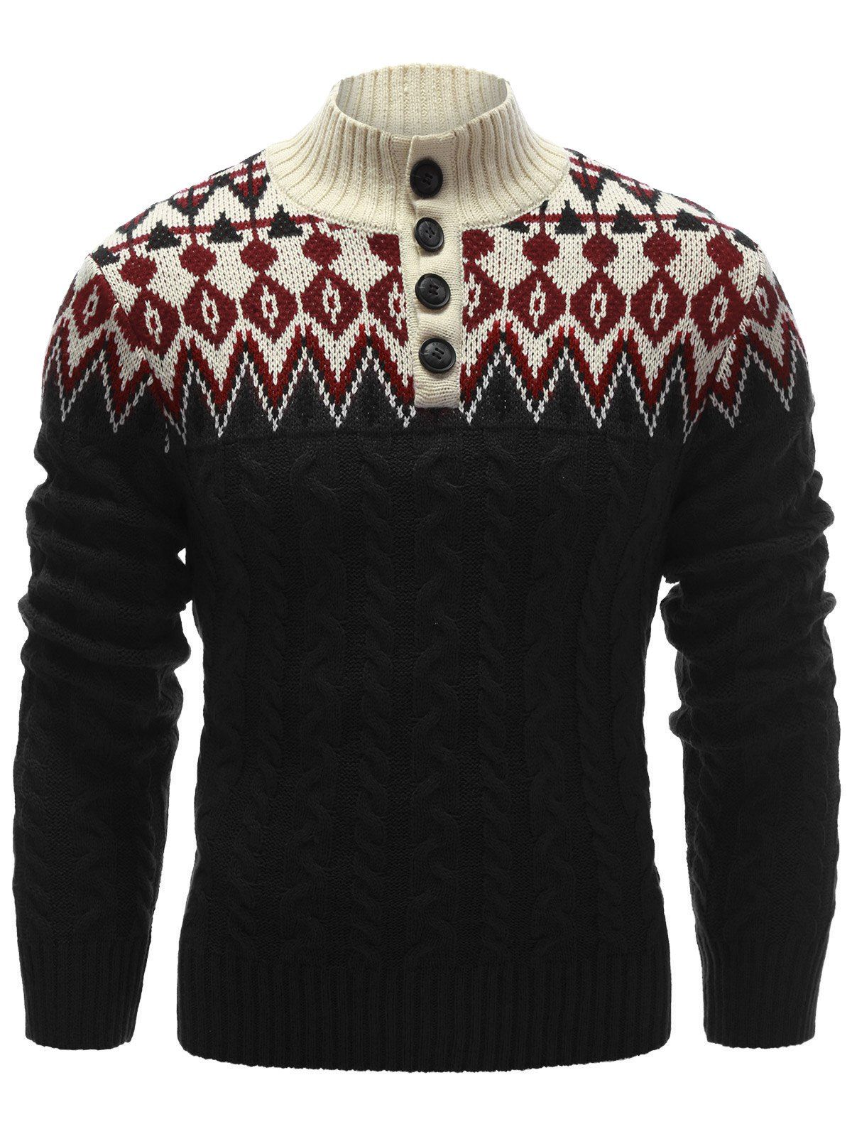 

Button Up Zigzag Pattern Cable Knit Sweater, Black