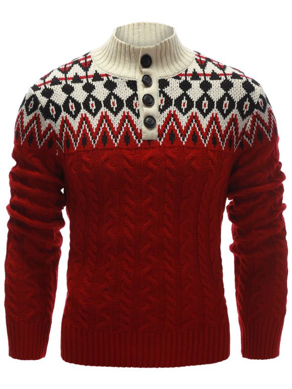 Pull-over en tricot torsadé à effet zig zag avec boutons - Rouge XL