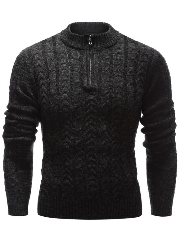 Pull-over en tricot torsadé à col montant avec zip - Noir L