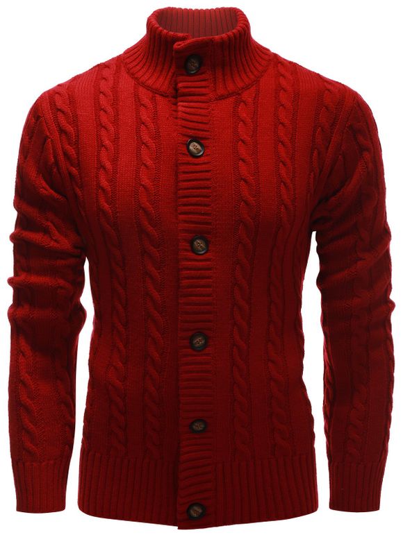 Cardigan en tricot torsadé à col haut avec boutons - Rouge M