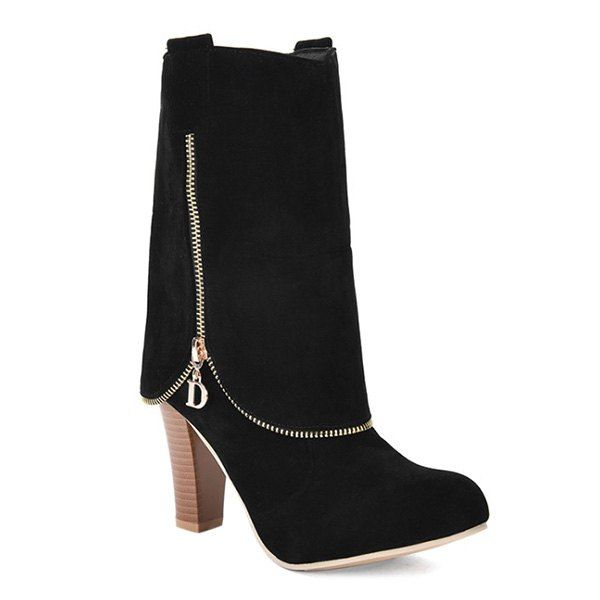 

Zipper Chunky Heel Suede Boots, Black