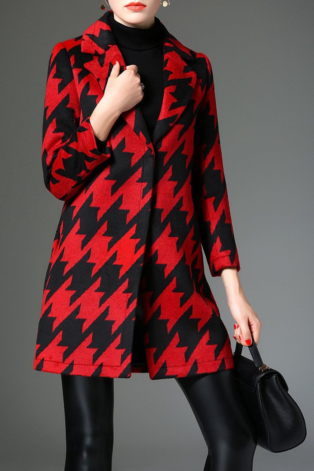 

Lapel Houndstooth Wool Blend Walker Coat, Red with black