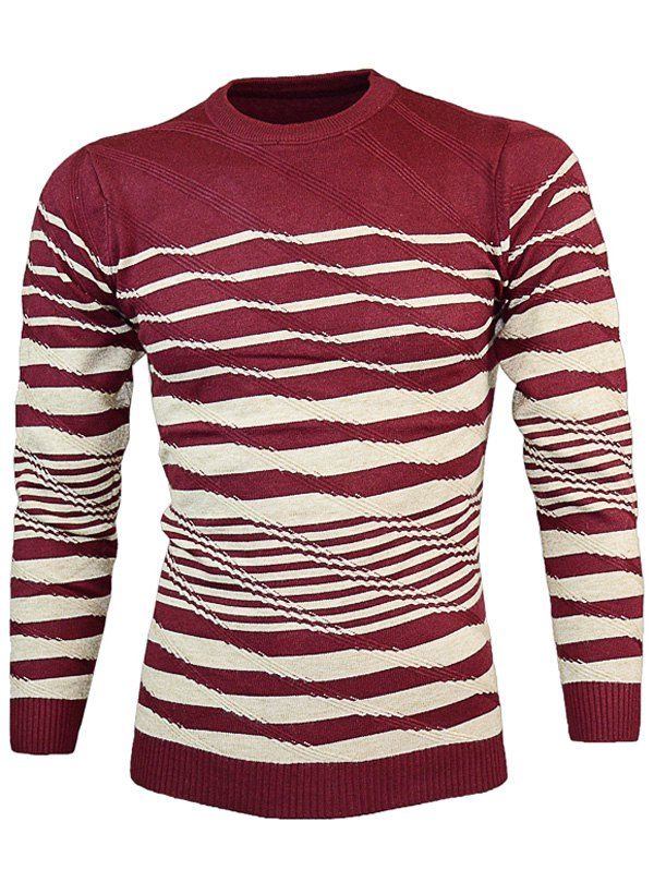 

Slim Fit Crew Neck Wave Stripe Pullover Knitwear, Wine red