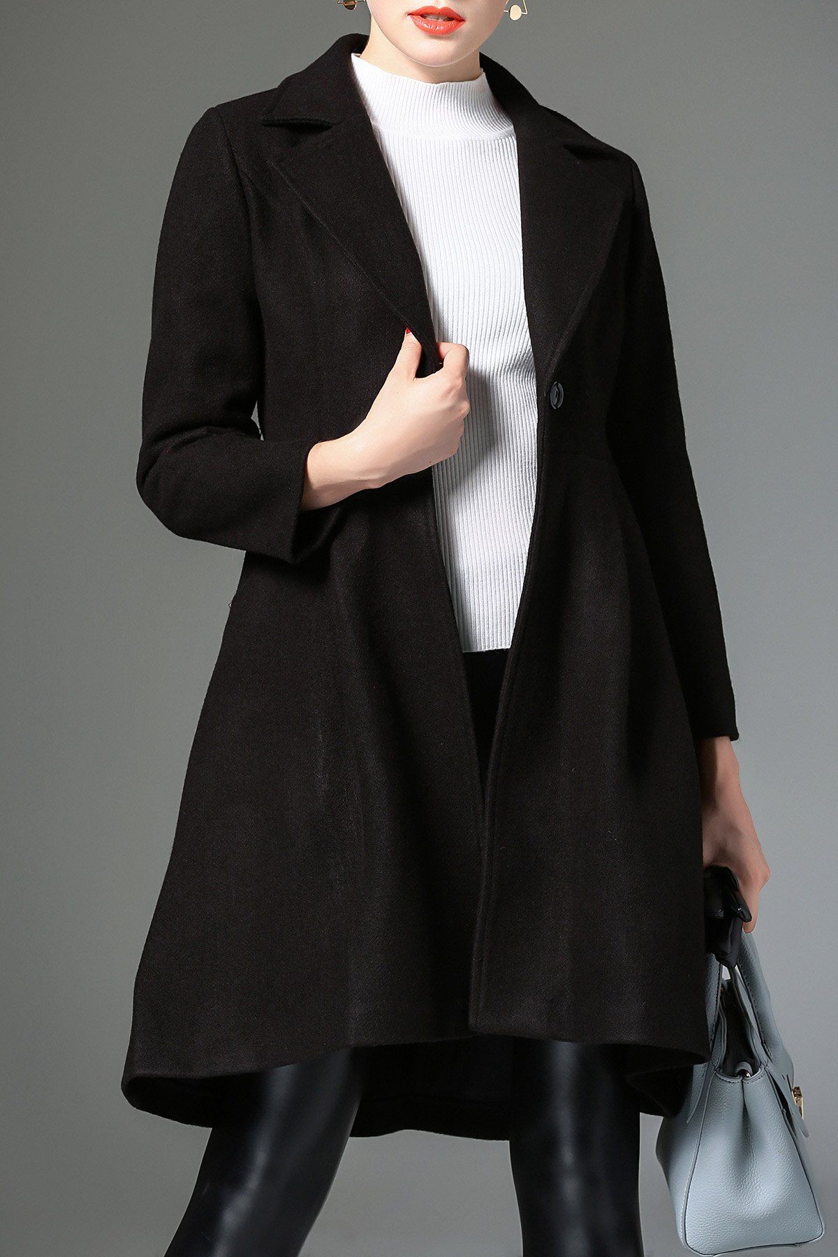 

Lapel Belted Wool Blend Skirted Coat, Black